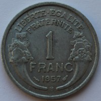 1 франк 1957г. Франция, алюминий,  состояние VF-XF. - Мир монет