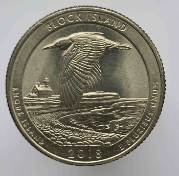 25 центов 2018г. США.  Р . № 45. Национальное убежище дикой природы острова Блок. Рой-Айленд, состояние UNC.  - Мир монет