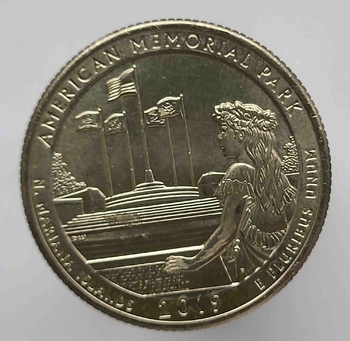 25 центов 2019г. США.  Р . № 47. Американский мемориальный парк. Северные Мариинские острова, состояние UNC.  - Мир монет