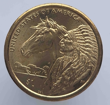 1 доллар  2012г. США. D .  Сакагавея. Индеец с лошадью, из ролла. - Мир монет