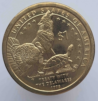 1 доллар  2013г. США.  D .  Сакагавея.  Договор с делавэрами, из ролла. - Мир монет