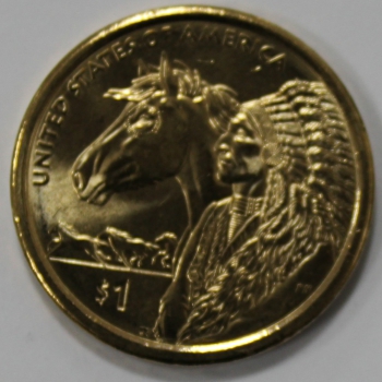 1 доллар  2012г. США. Р .  Сакагавея. Индеец с лошадью, из ролла. - Мир монет