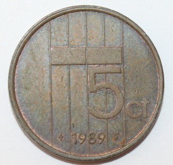 5 центов 1989. Нидерланды, бронза, состояние VF - Мир монет
