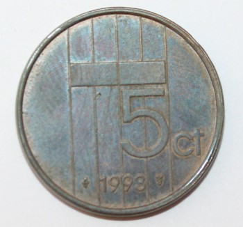 5 центов 1993г. Нидерланды, бронза, состояние VF - Мир монет