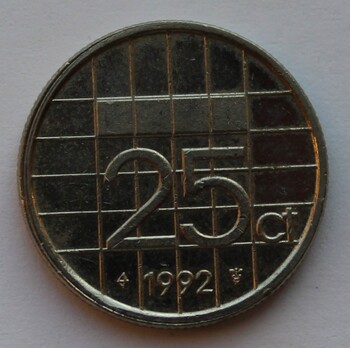 25 центов 1992г. Нидерланды, никель, состояние VF - Мир монет