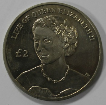 2 фунта 2012г  Остров  Вознесения. 60 лет на троне. В бальном платье с ожерельем,  никель,  кроновый размер, мешковая. - Мир монет