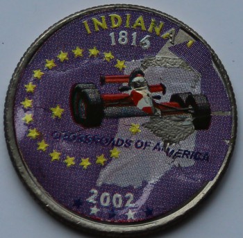 25 центов 2002г. США. Индиана.  Штаты и Территории, цветная. - Мир монет