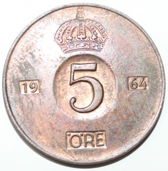 5 эре 1964. Швеция, состояние VF. - Мир монет